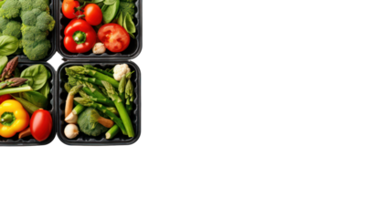 Box with various fresh vegetables. Top view. Space for text isolated on PNG file. Transparent background.