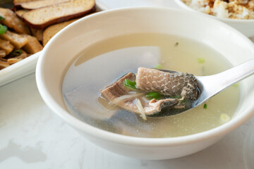 Milkfish skin soup, distinctive and famous seafood cuisine of Taiwanese food in Tainan.