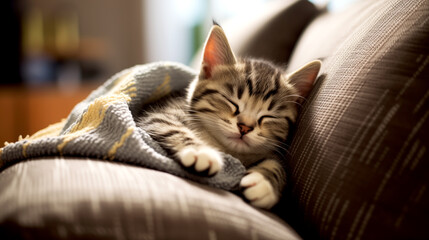 A cute kitten lying with a wool rag on a cozy couch in a modern living room, natural sunlight shining