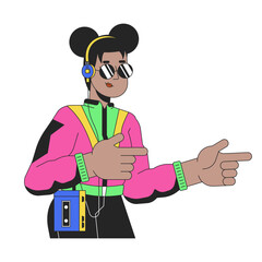African american girl 90s fingers pointing cool 2D linear cartoon character. Black female sunglasses isolated line vector person white background. 80s nostalgia lifestyle color flat spot illustration