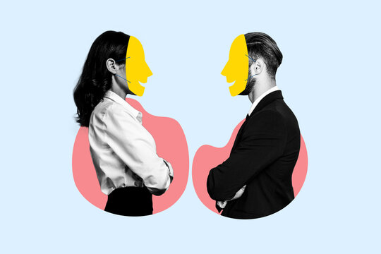 Poster collage picture of confident successful people fake faces and emotions isolated on drawing background