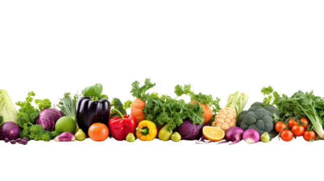 Seamless border consisting of colorful fresh vegetables and herbs. Isolated on transparent background, PNG file.