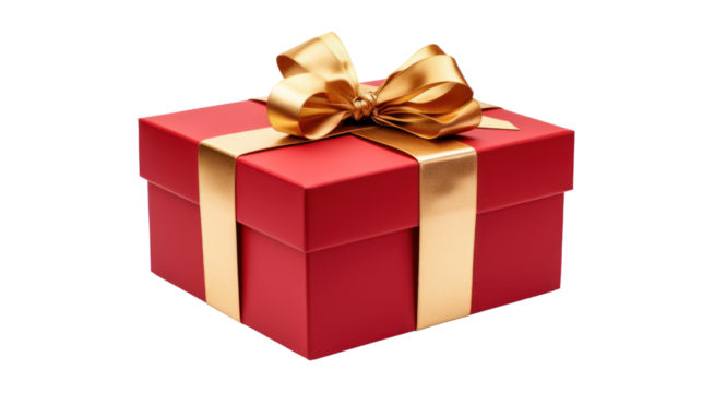 Gift box with luxury gold ribbon isolated on transparent background. PNG file.
