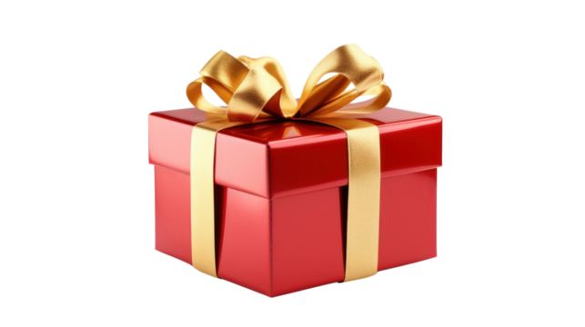 Gift box with luxury gold ribbon isolated on transparent background. PNG file.