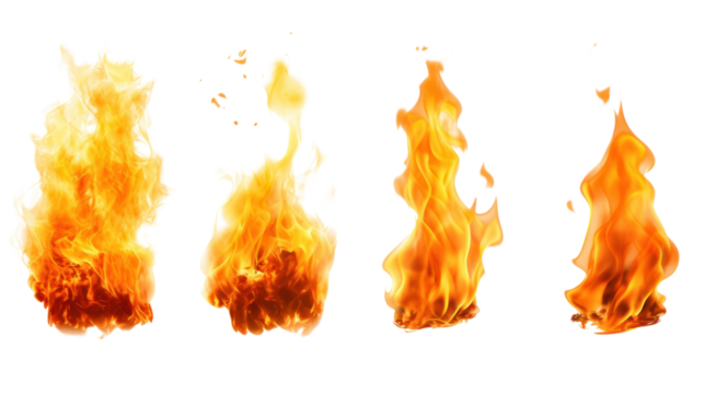 Realistic flames in various shapes Hot torch isolated on transparent background. PNG file.