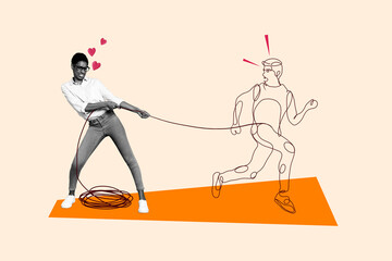 Collage image of strong woman hold rope man in trap relationship concept isolated on drawing...