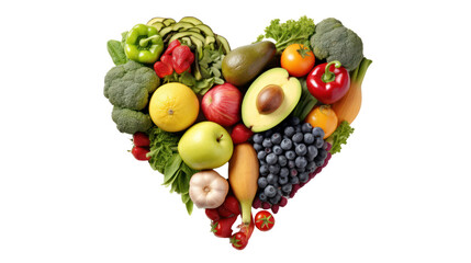 Naklejka na ściany i meble Abstract love hearts made from fresh vegetables and fruits. Isolated on clear background, PNG file.