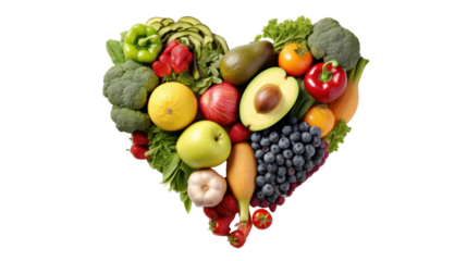 Abstract love hearts made from fresh vegetables and fruits. Isolated on clear background, PNG file.
