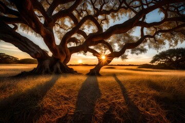 sun rise at angle oak tree in south coralina- - obrazy, fototapety, plakaty