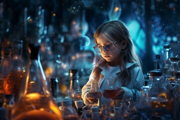 Curious Child girl chemist. Test laboratory. Generate Ai