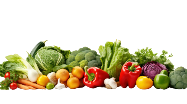 Various fresh vegetables and fruits isolated on transparent background. PNG file.