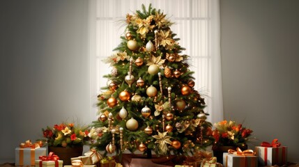 An elegant Christmas tree with gift boxes in the living room. New Year's card, Christmas.