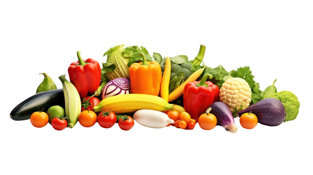 Various fresh vegetables and fruits isolated on transparent background. PNG file.