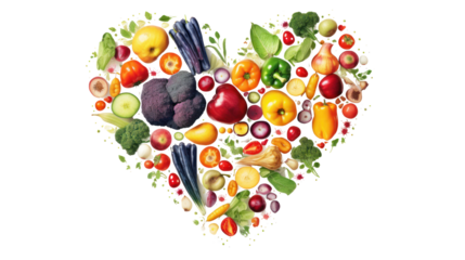 Abstract love hearts made from fresh vegetables and fruits. Isolated on clear background, PNG file.