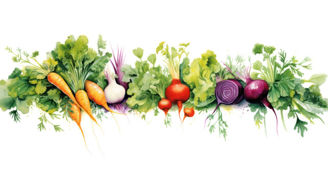 Seamless watercolor border illustration consisting of fresh vegetables and herbs. Isolated on clear background, PNG file.