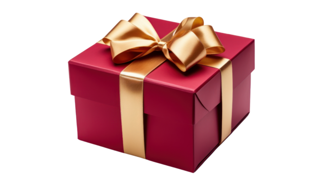 Gift box with luxury gold ribbon isolated on transparent background. PNG file.