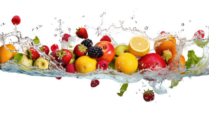 Various fruits and vegetables falling into water isolated on transparent background. PNG file.