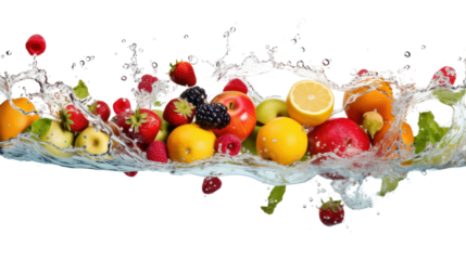 Various fruits and vegetables falling into water isolated on transparent background. PNG file.