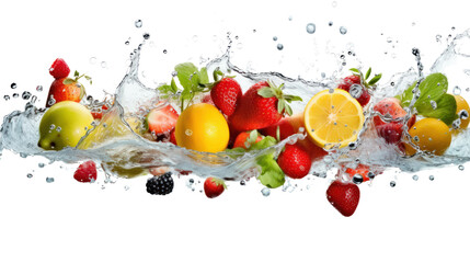 Various fruits and vegetables falling into water isolated on transparent background. PNG file.