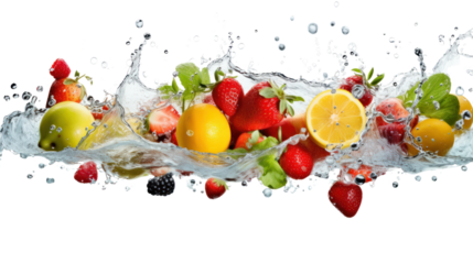 Various fruits and vegetables falling into water isolated on transparent background. PNG file.