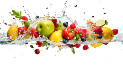 Various fruits and vegetables falling into water isolated on transparent background. PNG file.