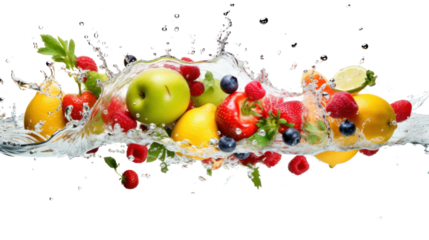 Various fruits and vegetables falling into water isolated on transparent background. PNG file.