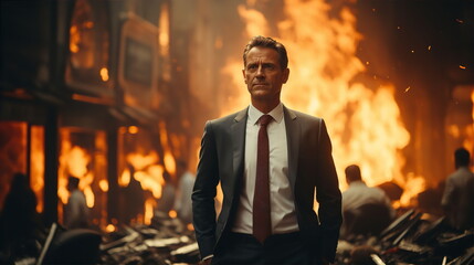 Businessman in suit walking against backdrop of burning office. Bankruptcy in business concept. AI generated - obrazy, fototapety, plakaty
