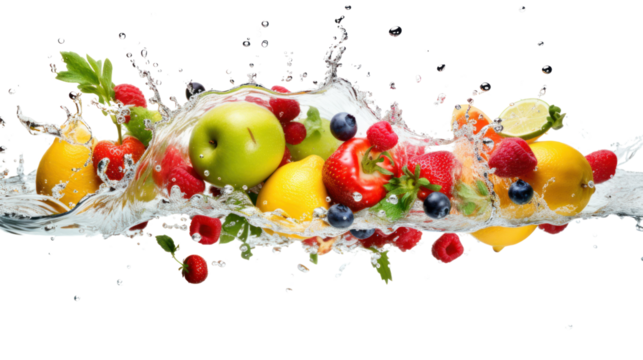 Various fruits and vegetables falling into water isolated on transparent background. PNG file.