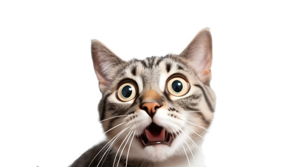 Funny surprised cat. Closeup. Isolated on transparent background. PNG file.