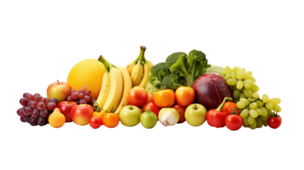 Various fresh vegetables and fruits isolated on transparent background. PNG file.