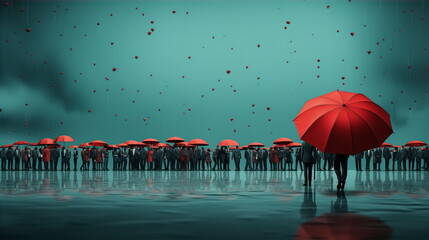 Many people standing with red umbrellas in rain in autumn. Health and life insurance concept. AI generated