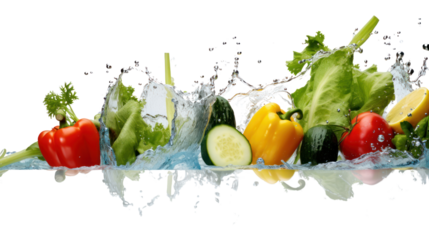 Fresh vegetables in splashing water Isolated on a clear background, PNG file.