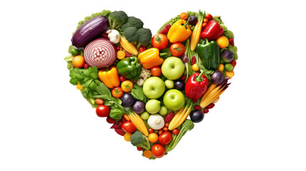 Abstract love hearts made from fresh vegetables and fruits. Isolated on clear background, PNG file.
