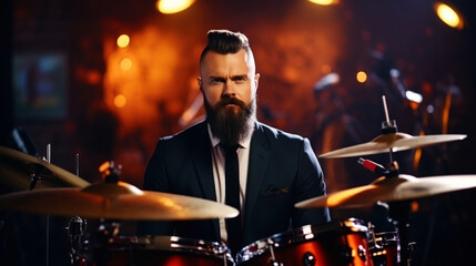 Close-up of a drummer with a beard playing the drums on a festive background. Rock concert concept....