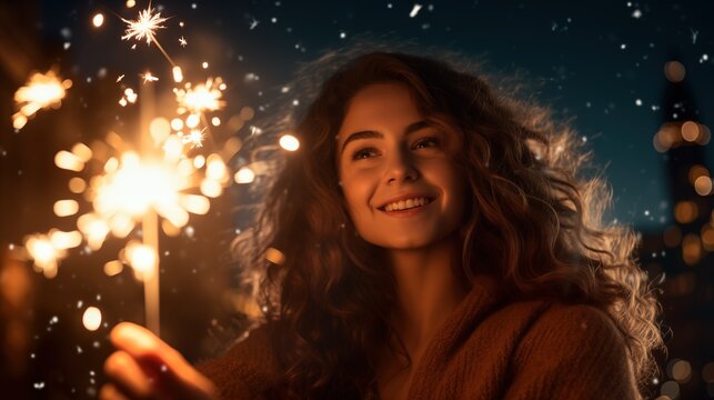 Cheerful young woman holding sparkler in hand outdoor, Closeup of beautiful woman holding a sparkling stick at party night, Girl celebrating new year’s eve and christmas holidays, generative ai