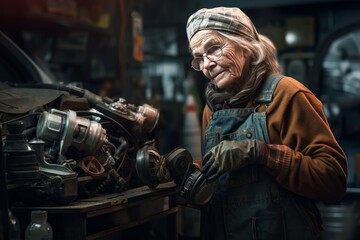 Fototapeta na wymiar Engineer old woman car motor assembly shop. Service mechanic. Generate AI