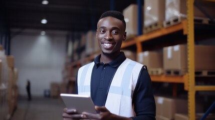 Obraz premium Portrait of an accountant in warehouse. Businessman standing in his fabric warehouse and working with tablet PC.