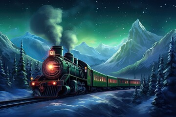 Christmas train drives through North Pole. 1800s steam locomotive in winter Landscape. Generative AI - obrazy, fototapety, plakaty