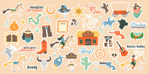 Wild west set stickers. Western elements. Flat design set with cowboy boots handgun