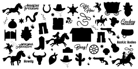 Wild west silhouette set. Western elements. Flat design set with cowboy boots handgun saloon signboard cow
