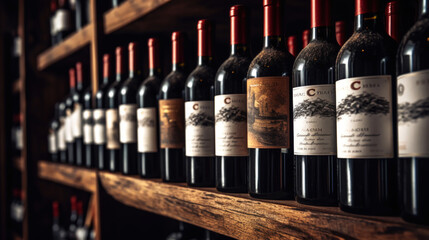 Variety of wine bottles on wooden shelves in an cellar. Vinery concept. Generative AI