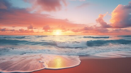 A breathtaking sunset over a serene beach, with the sky ablaze in warm hues and gentle waves washing ashore - obrazy, fototapety, plakaty