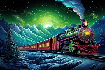 Christmas train drives through North Pole. 1800s steam locomotive in winter Landscape. Generative AI - obrazy, fototapety, plakaty