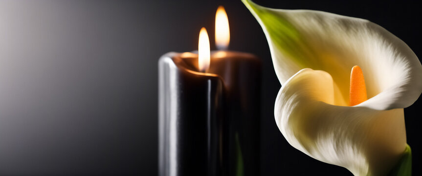 Candela Nera Accesa con Fiori Calla su Sfondo Nero, concetto di funerale