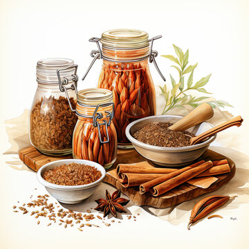 jars spices watercolor painting on wooden board clip art preview