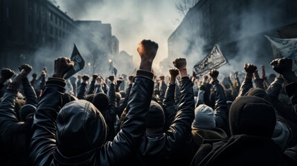 View of non-violent protesters with their fist raised - obrazy, fototapety, plakaty