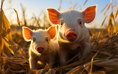 A couple of pigs standing in a field. Two little pigs are standing in the middle of a field