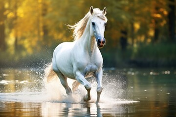 Obraz na płótnie Canvas A beautiful amazing white horse runs on the water. Mystical portrait of an elegant stallion. Reflection of a white horse in the water