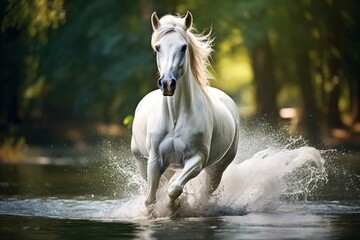 A beautiful amazing white horse runs on the water. Mystical portrait of an elegant stallion. Reflection of a white horse in the water