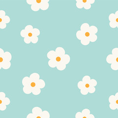 Seamless pattern with cute daisy flowers on green background. Hand drawn floral pattern for your fabric, summer background, wallpaper, backdrop, textile. Vector illustration